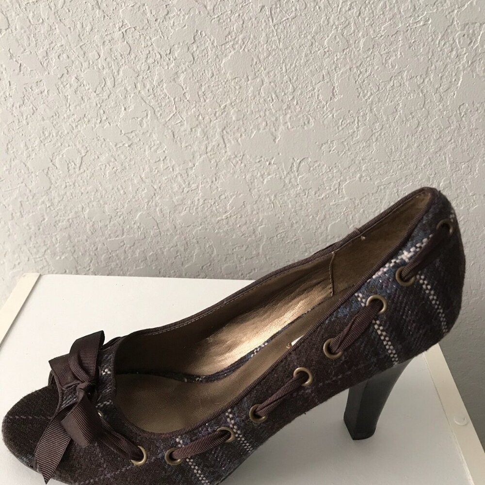 Steve Madden Ninna Peep Toe Heels Black Plaid Ribbon - Picture 3 of 12